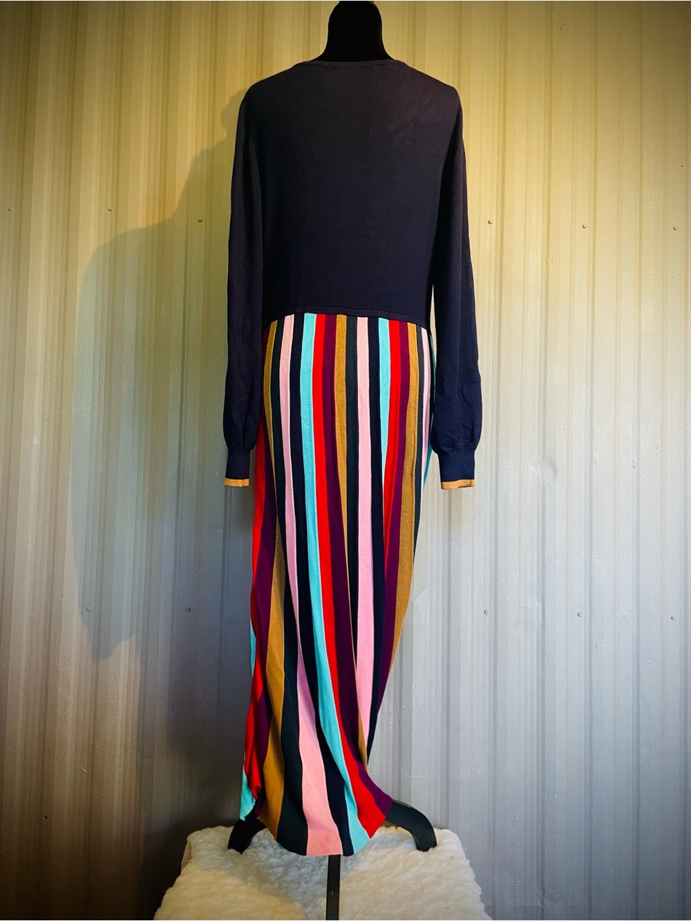 Boden Margie Sweater Dress Navy Rainbow Maxi Fit & Flare Long Sleeve SOFT! sz 12 - Picture 7 of 11
